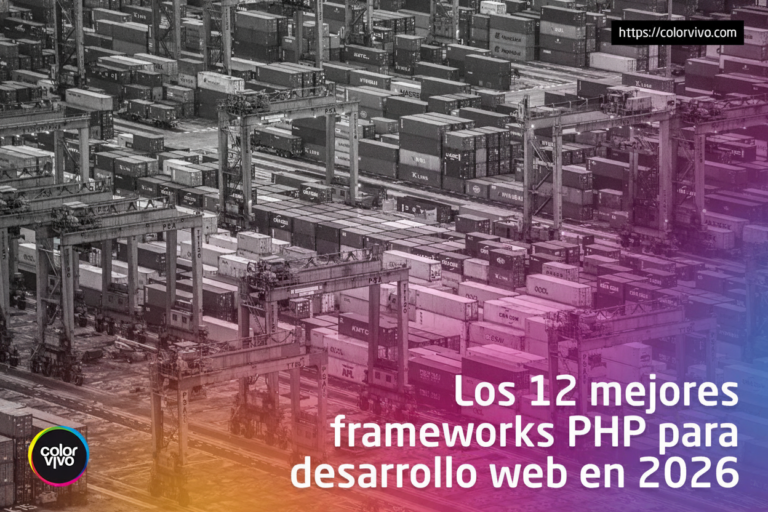 Puerto de contenedores con el texto Los 12 mejores frameworks PHP para desarrollo web en 2026