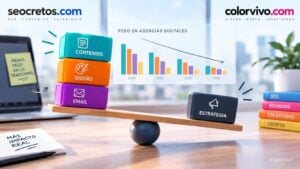 Inicio Color Vivo Internet 11 Balanza con bloques de contenido, diseño y email frente a un bloque de estrategia, junto a un gráfico de barras de 2023 a 2026