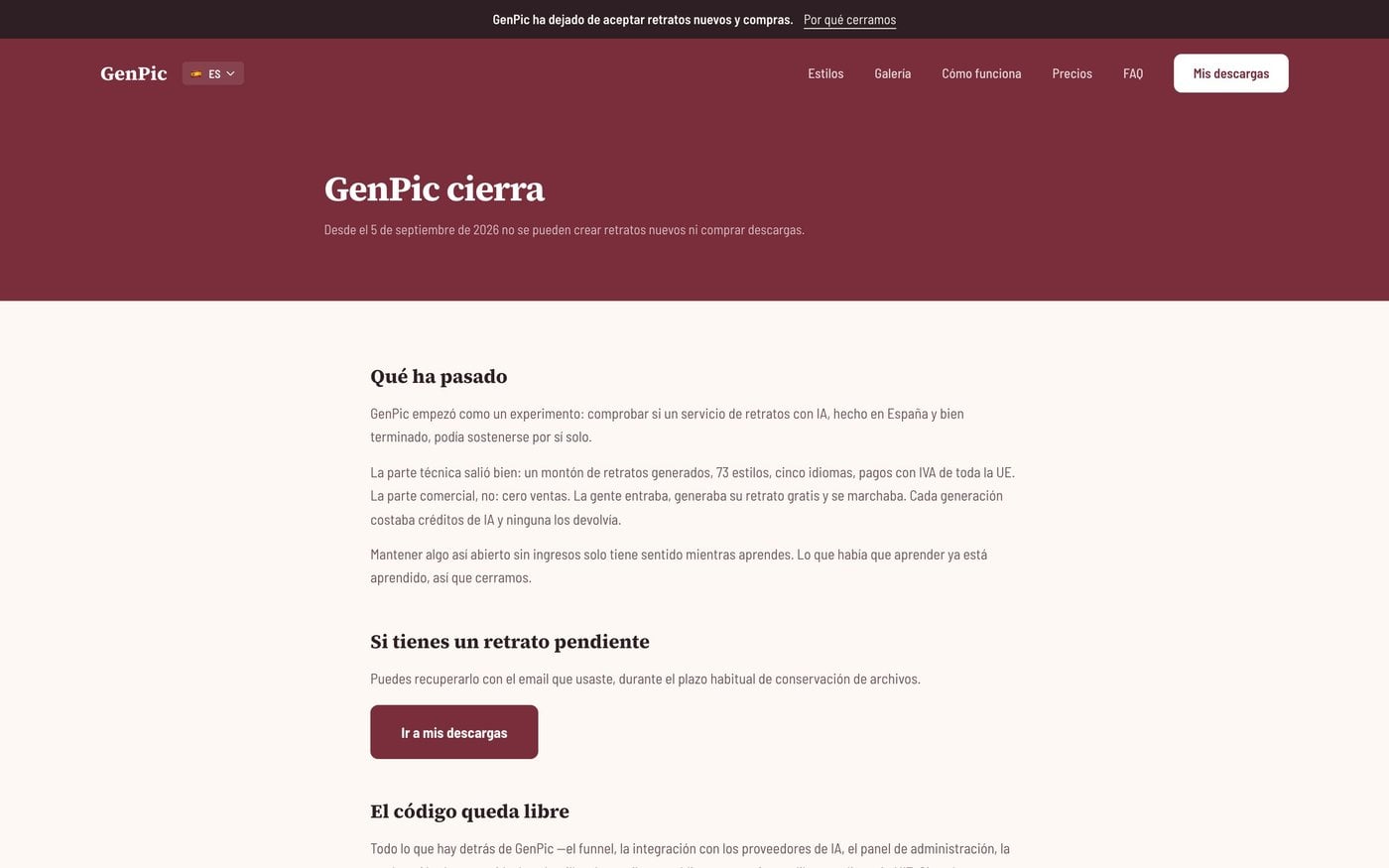 Página de cierre de GenPic que explica por qué cierra el servicio